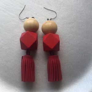 Wood Geometric Tassel Earrings